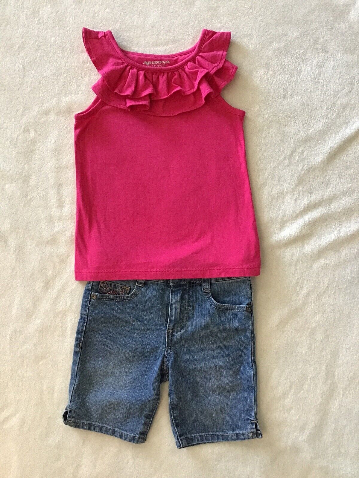 2-pc Girls Arizona Jeans Embellished Jean Shorts + Pink Ruffled Top ~ Size 4y