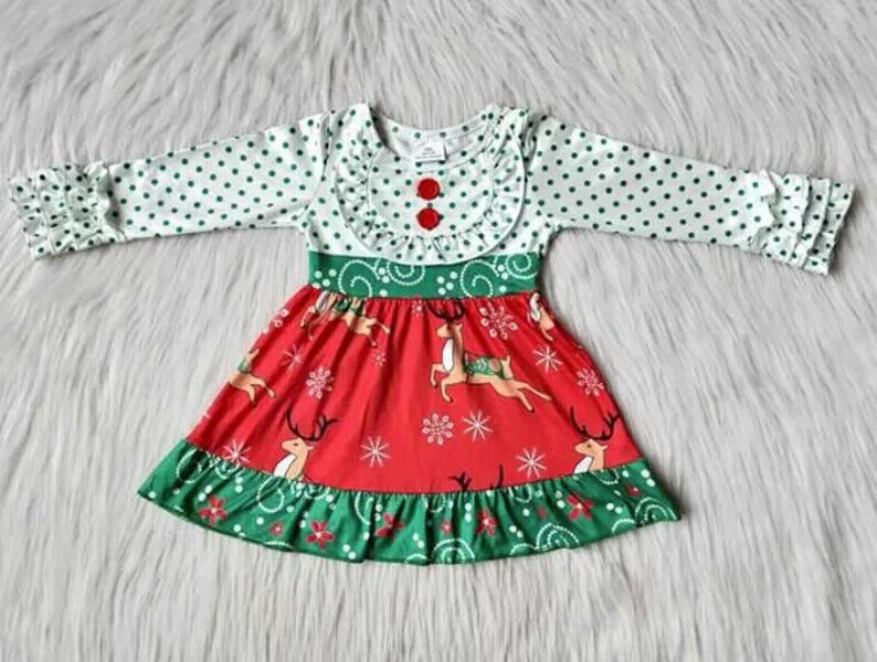 Girls Boutique Christmas Dress In Classic Holiday Colors & Dancing Reindeer 4t