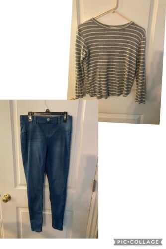 Girls Size 14-16 Outfit Adjustable Waist Jeans Soft Gray Striped Shirt Euc