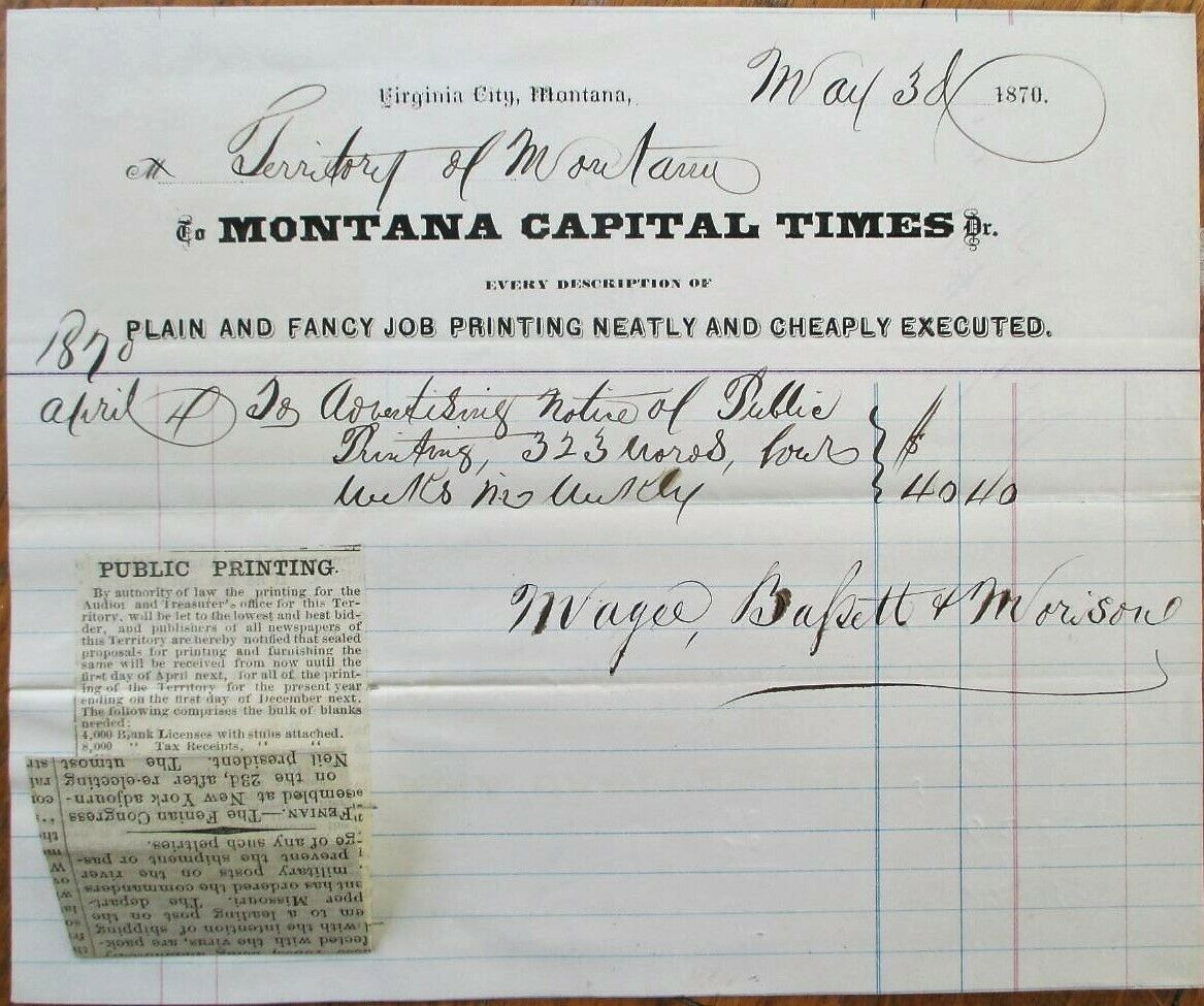 Virginia City, Mt 1870 Letterhead: Montana Capital Times Publisher/printer- Mont