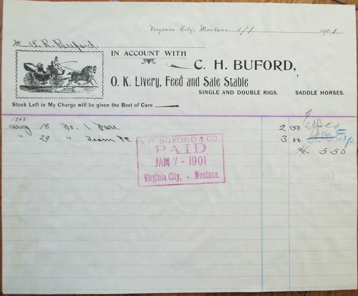 Virginia City, Mt 1901 Horse Letterhead: Buford Livery Stable - Montana Mont