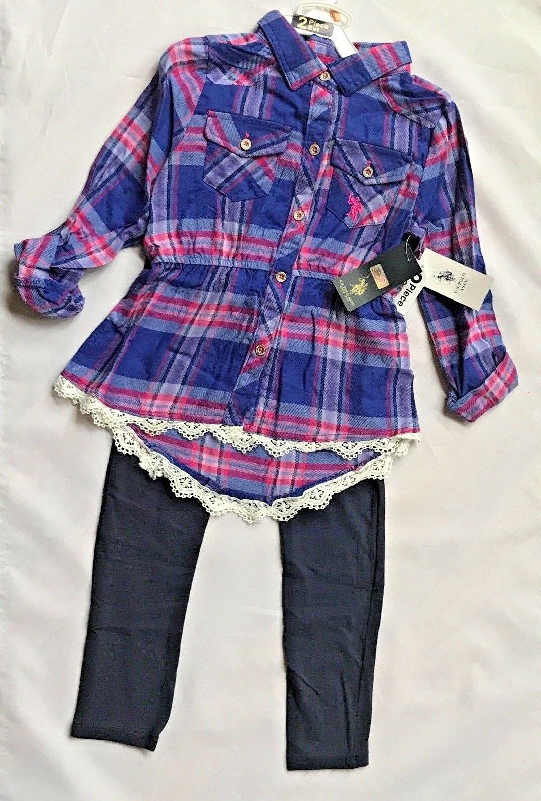 Nwt Us Polo Assn. Girls' Fashion Top And Leggings 2 Piece Set Purple/pink Plaid