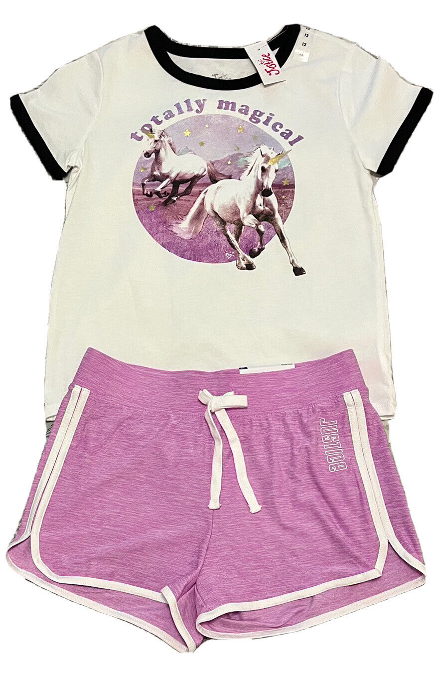 Justice Girl's Size 12 Unicorn Graphic Tee & Dolphin Shorts New With Tags