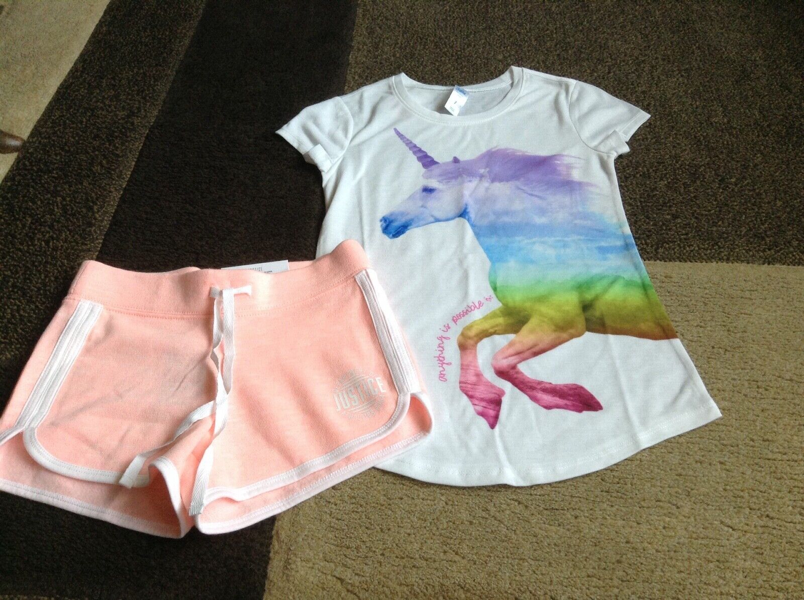Girls Justice White Short Sleeve Tee Peach Dolphin Shorts Size6/7 (nwot/nwt)