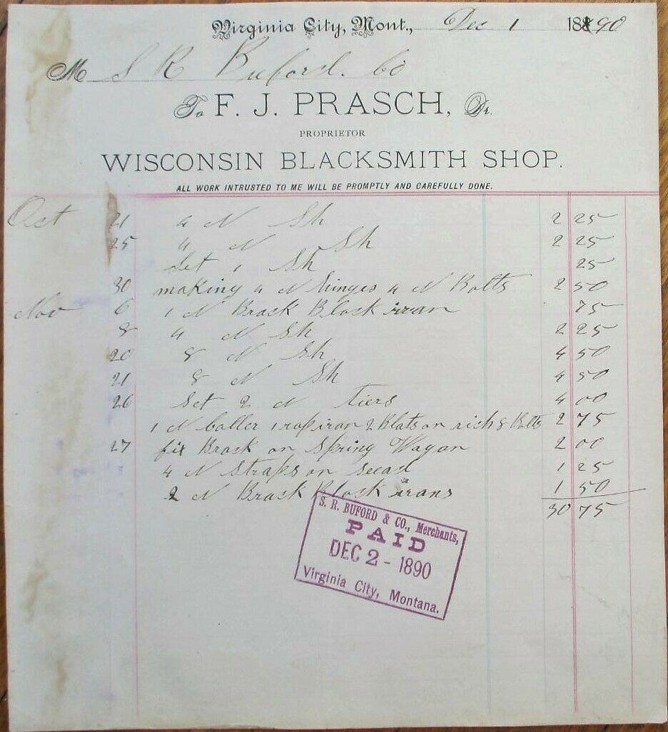 Virginia City, Mt 1890 Letterhead: Wisconsin Blacksmith Shop - Montana Mont