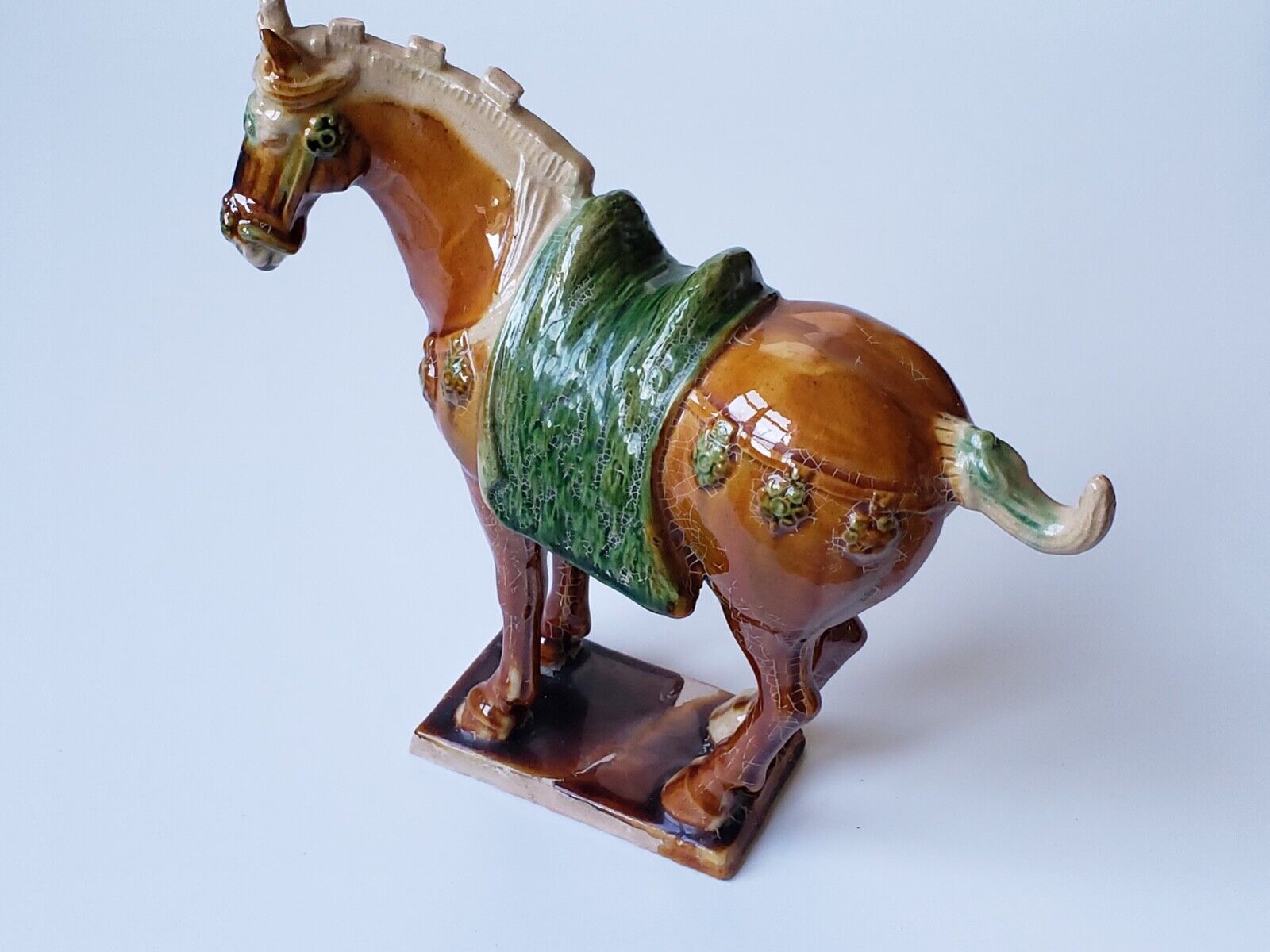 Vintage Chinese Brown Horse With Green Adornments 8" X 8-1/2"