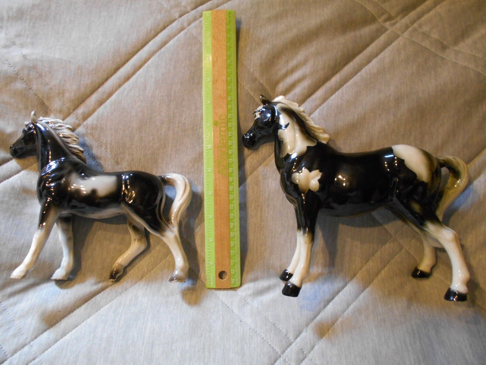 Ceramic Horse Figurines Set Of 2 Large Black & White Paint Horses 8",7"