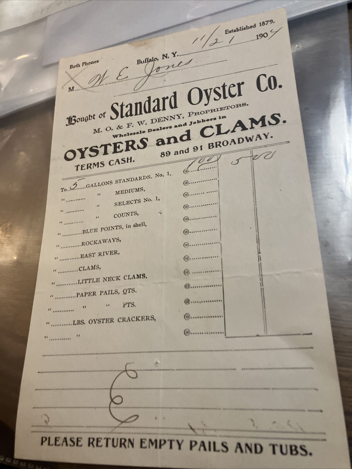 1904 Standard Oyster Bill Head Broadway Buffalo Ny