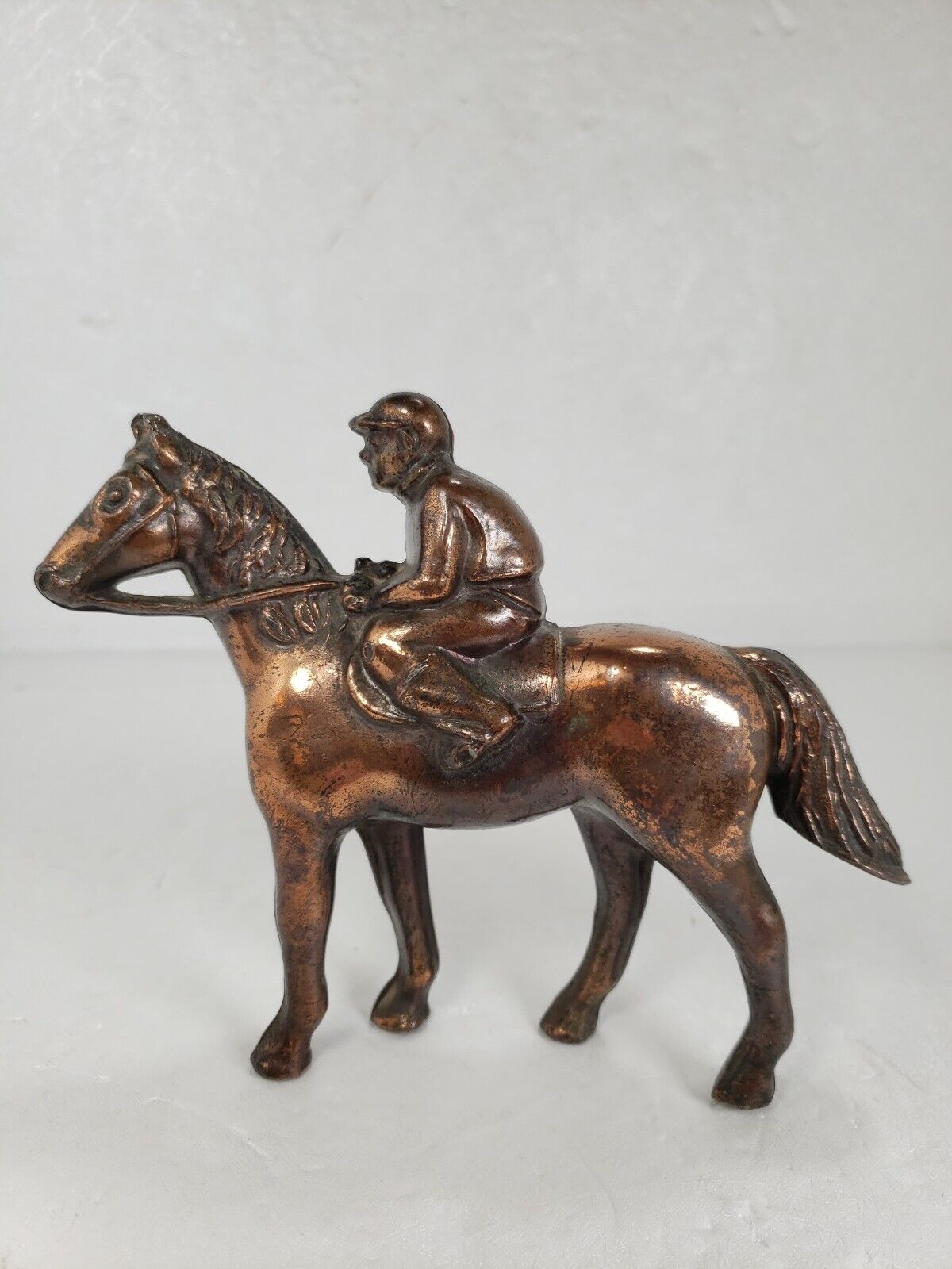 Vintage Cast Metal Copper Color Horse And Riding Jockey Figurine