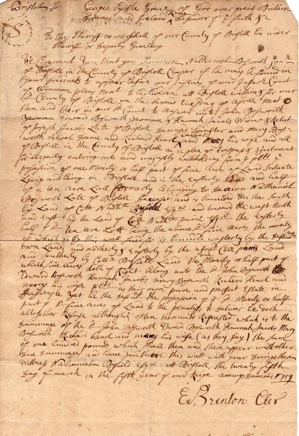 1715, Bristol, Mass, Document Group, Torrey, Brenton, Howland, Turner Families