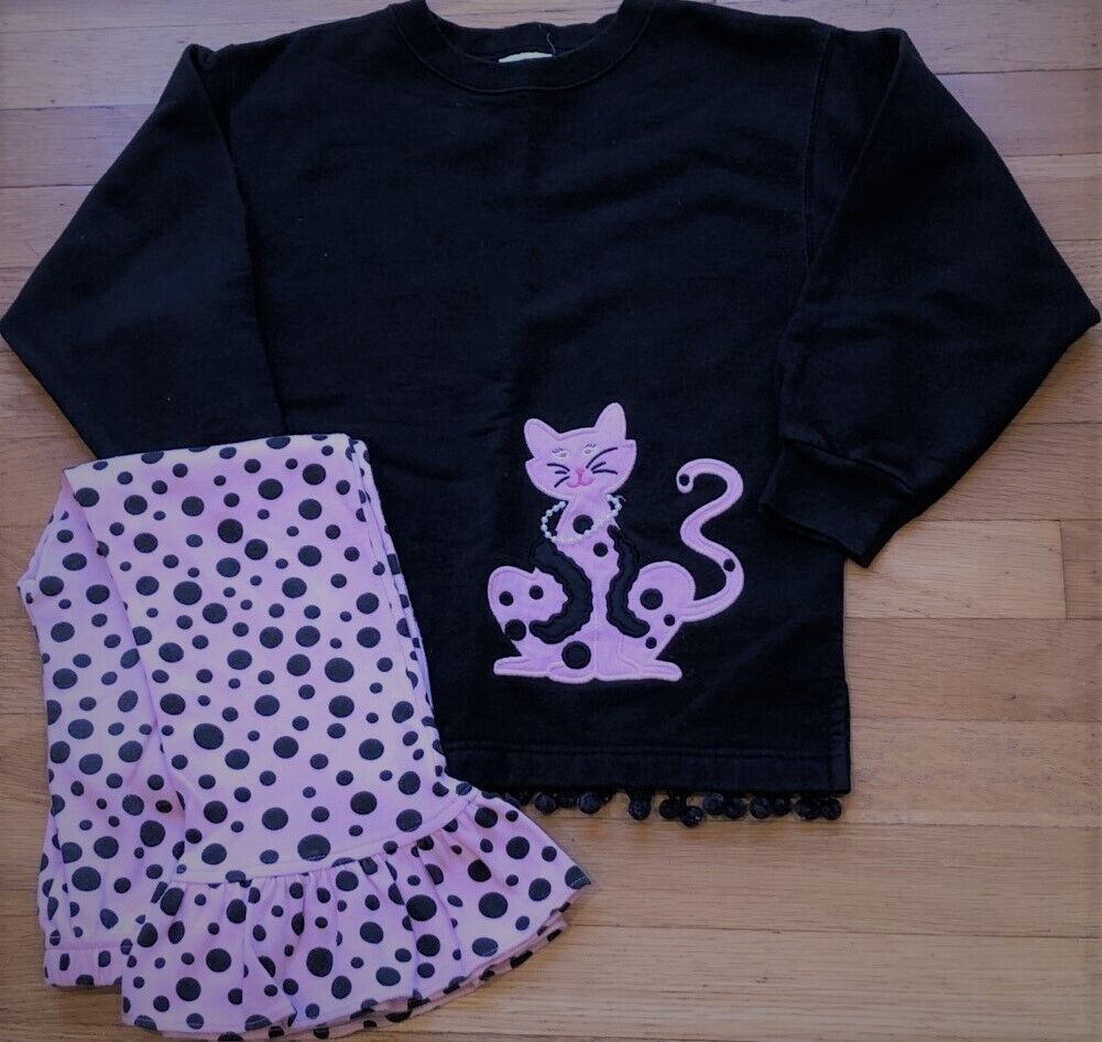 2pc Boutique Kelly's Kids Pink & Black Polka Dot Outfit Kitty Cat Size S 5 6