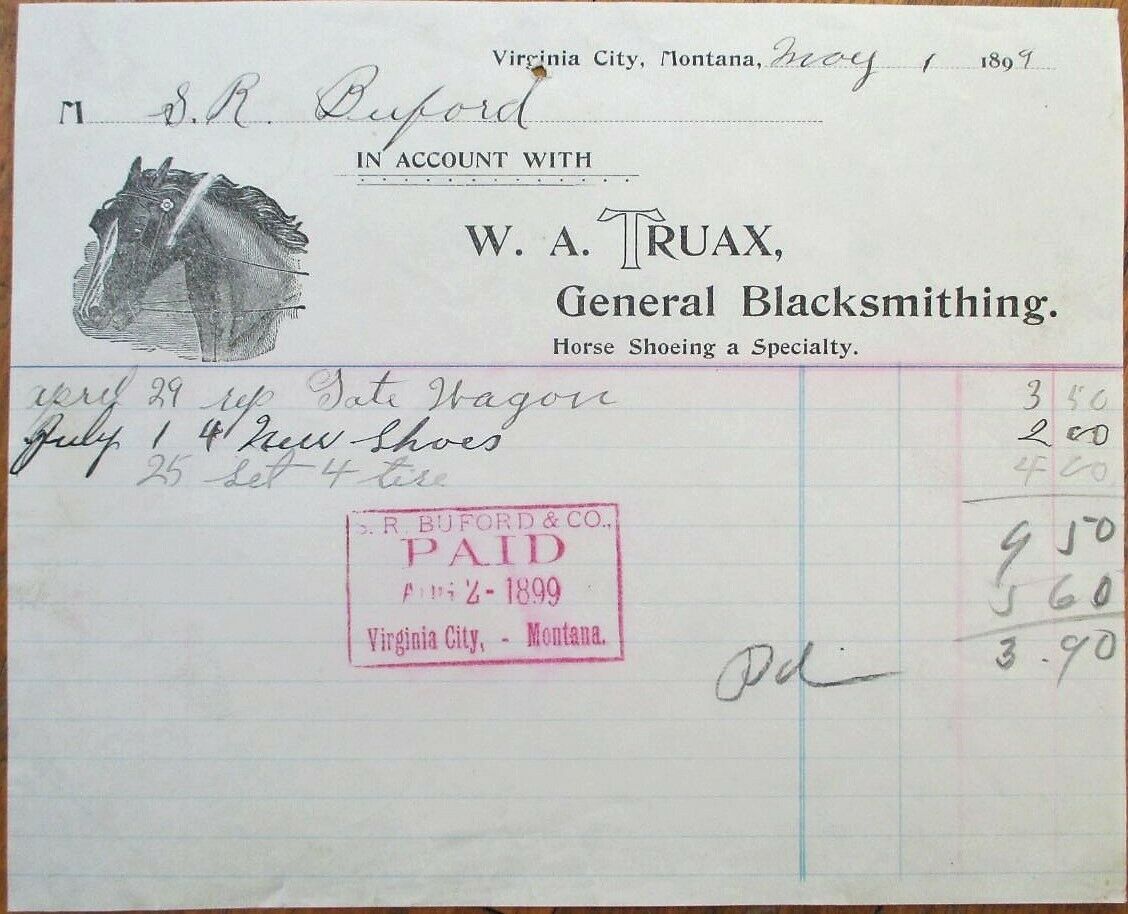 Virginia City, Mt 1899 Letterhead: Truax Blacksmith W/horse - Montana Mont