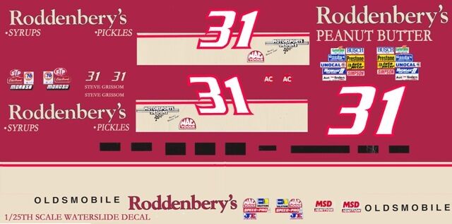 #31 Steve Grissom Roddenbery's Olds 1/25th - 1/24th Scale Waterslide Decals
