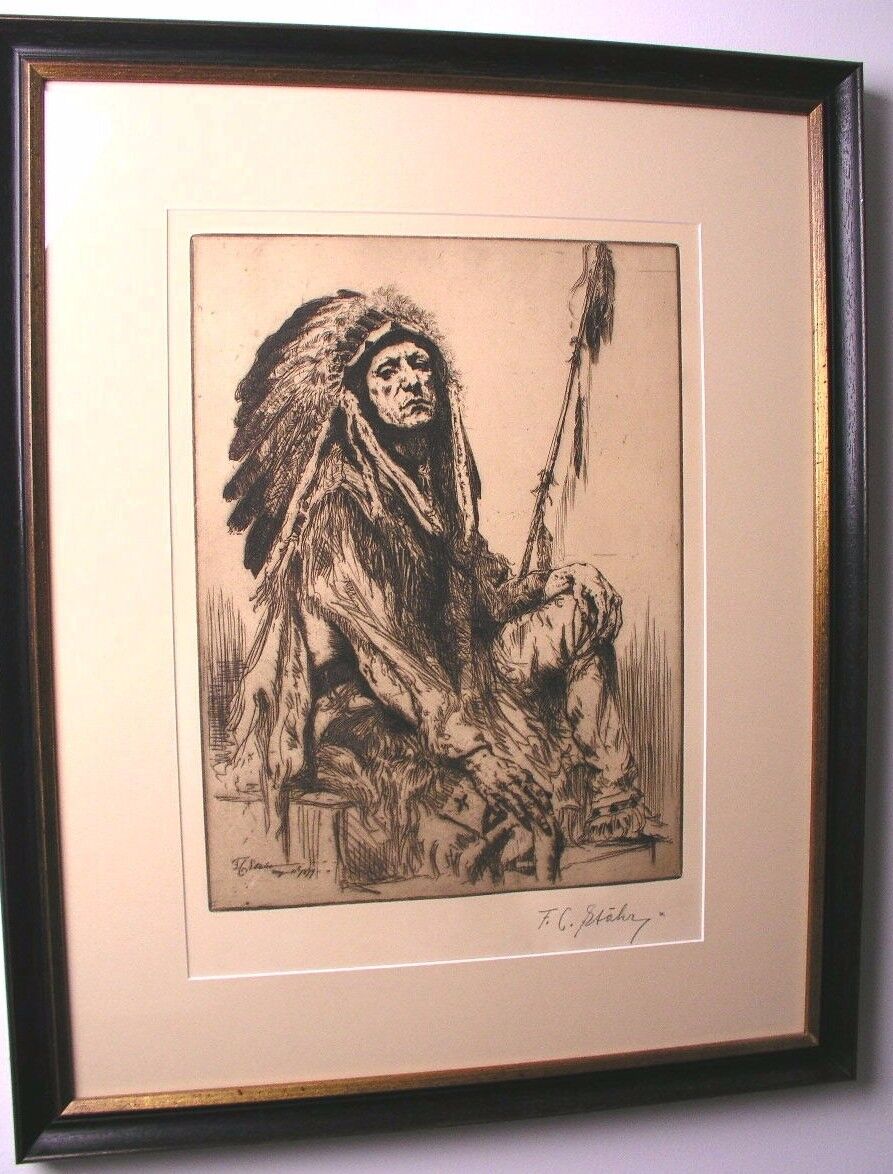 Indian Art Etching Chief Thundercloud Blackfoot Indian Sgn..f.c.stahr / Antique