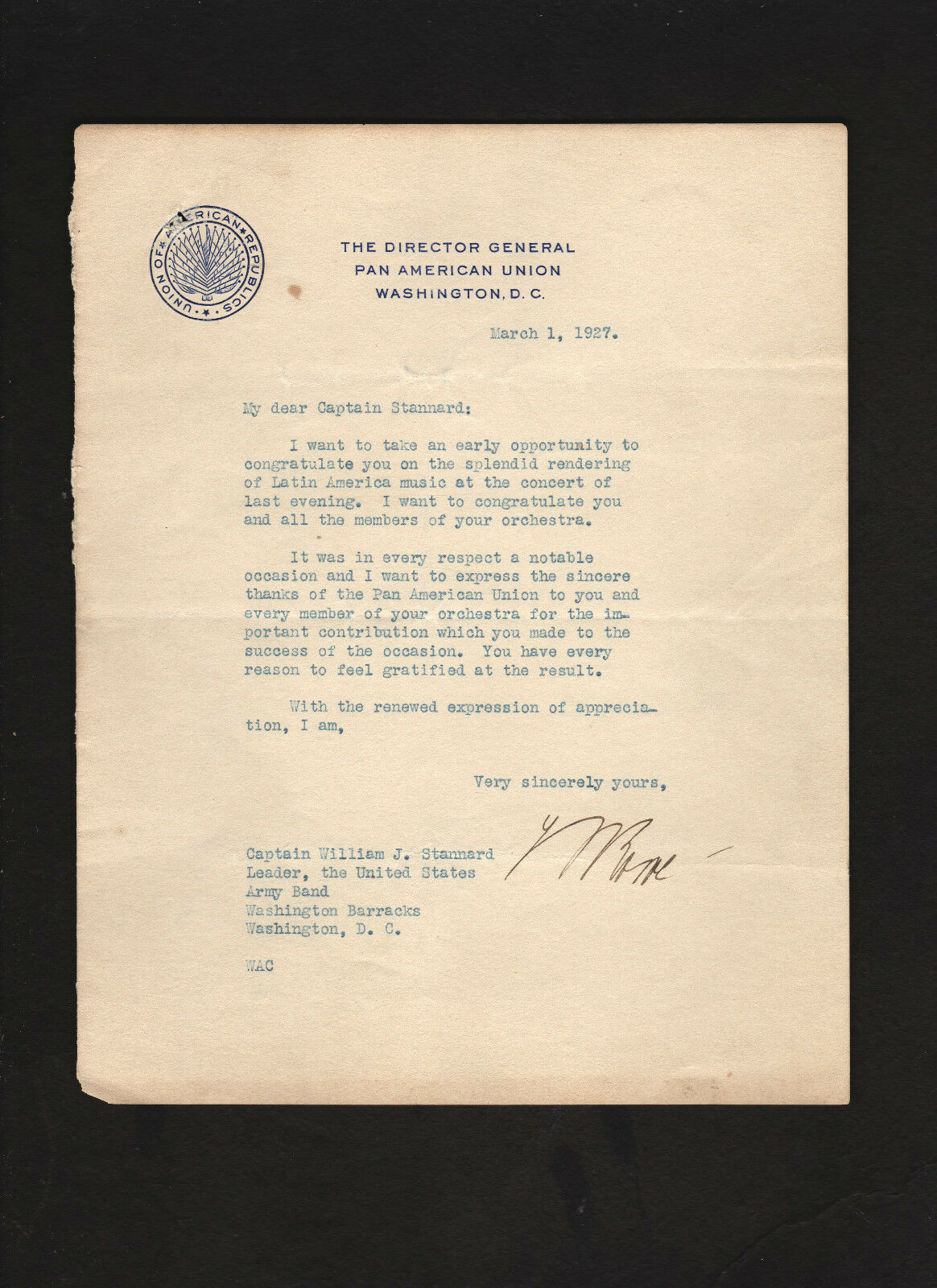 Signed Letter Pan-american Union Director Leo Stanton Rowe To William J Stannard