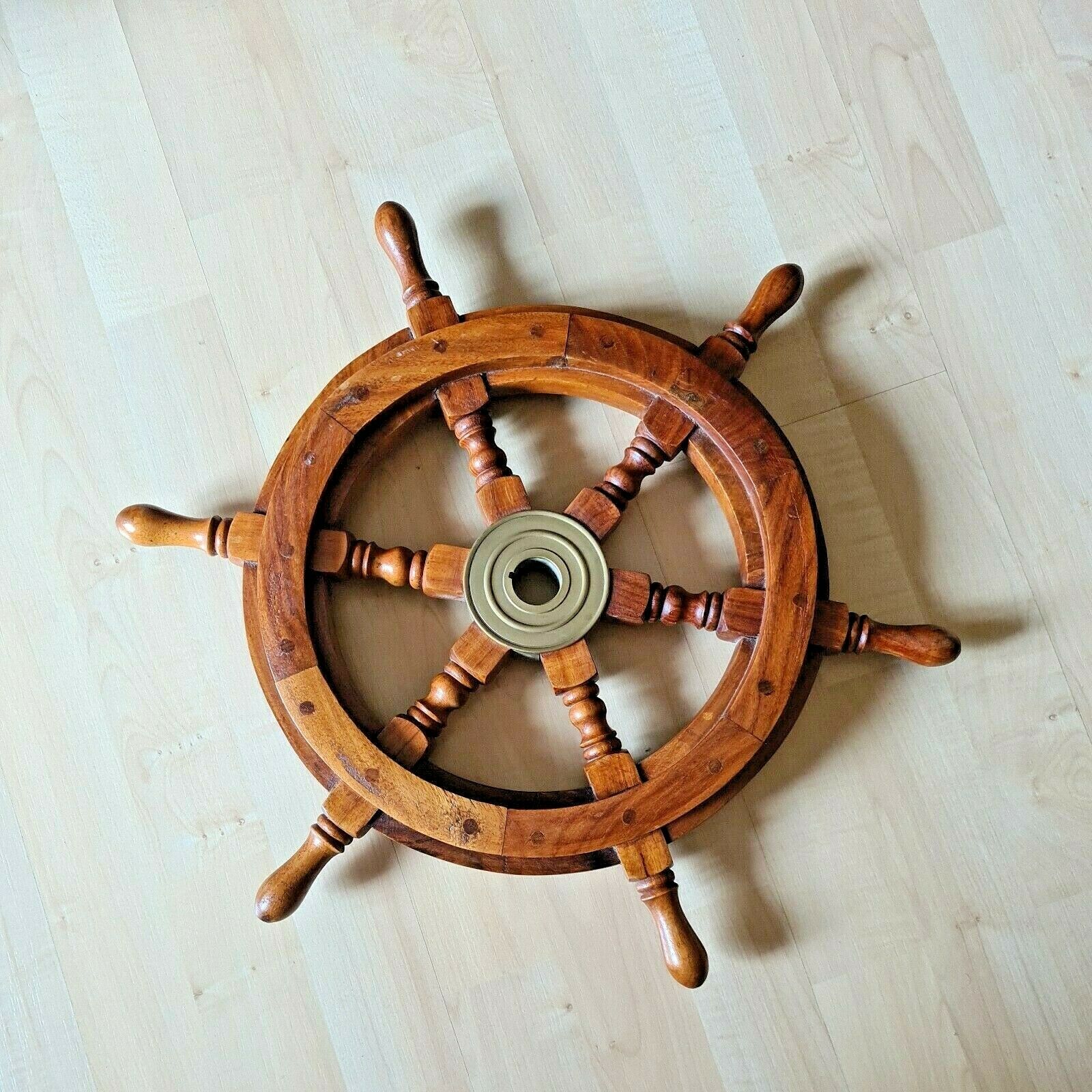 Vintage 18" Wood Brass Ship Wheel Large Wooden Helm Nautical Maritime Wall Decor