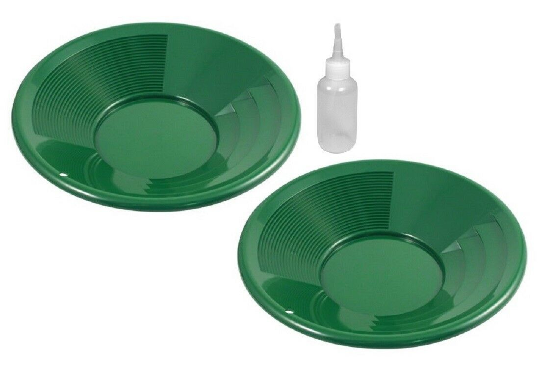 2 Pack 8" Green Gold Pan Pans Dual Riffles & Snuffer Bottle Mining Panning Kit