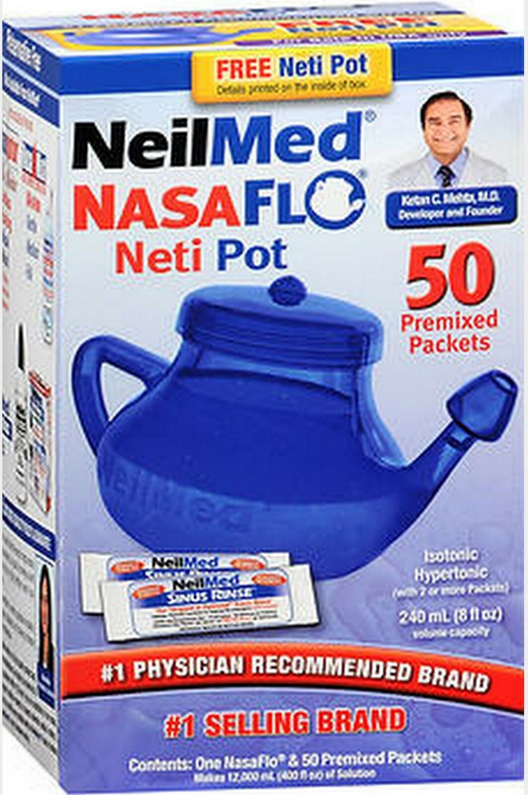 Neilmed Nasaflo Neti Pot With 50 Premixed Packets (firm Blue Pot)