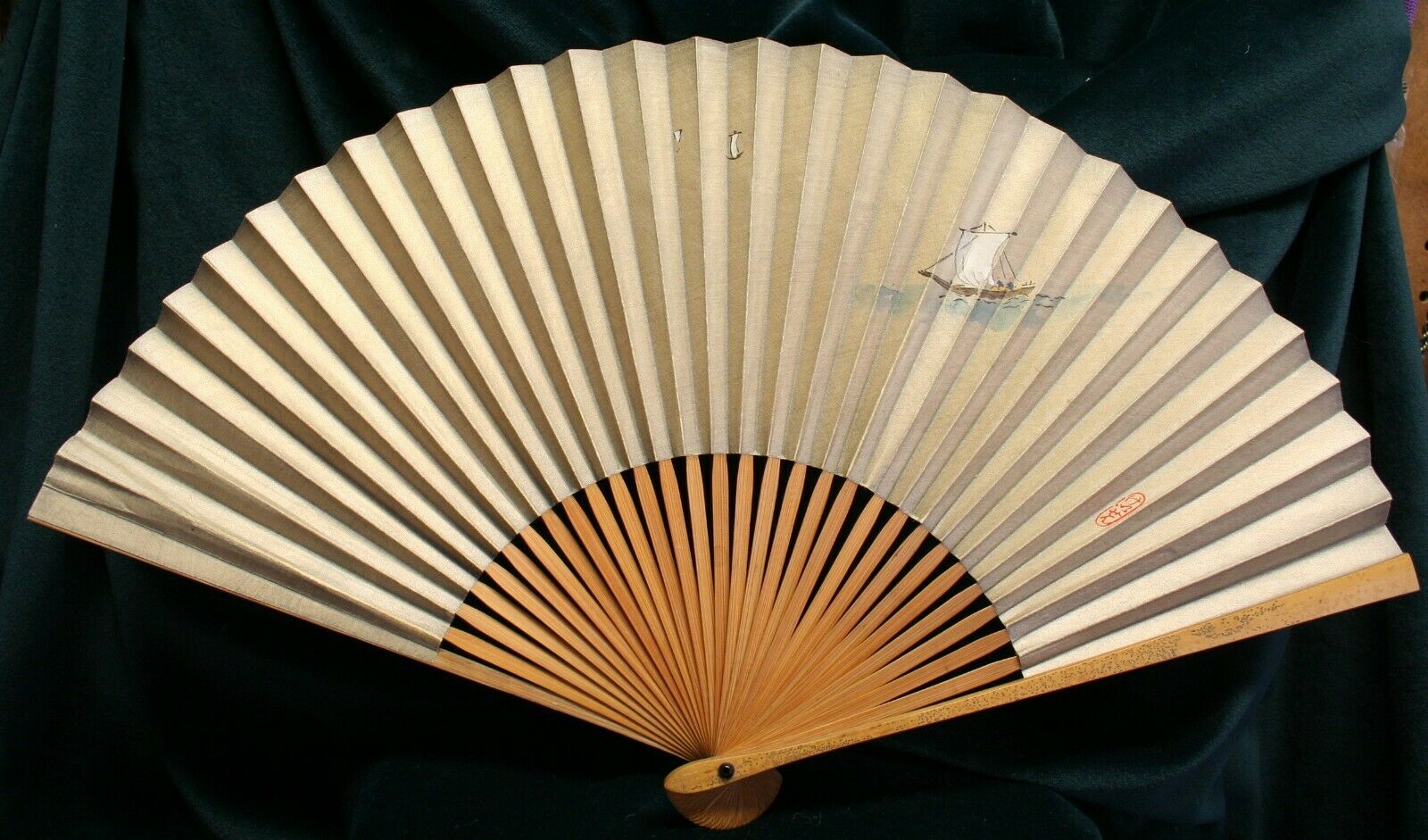 Vintage Japan Painted Signed Sensu Paper Polished Bamboo Wood Fan Birds Men Boat