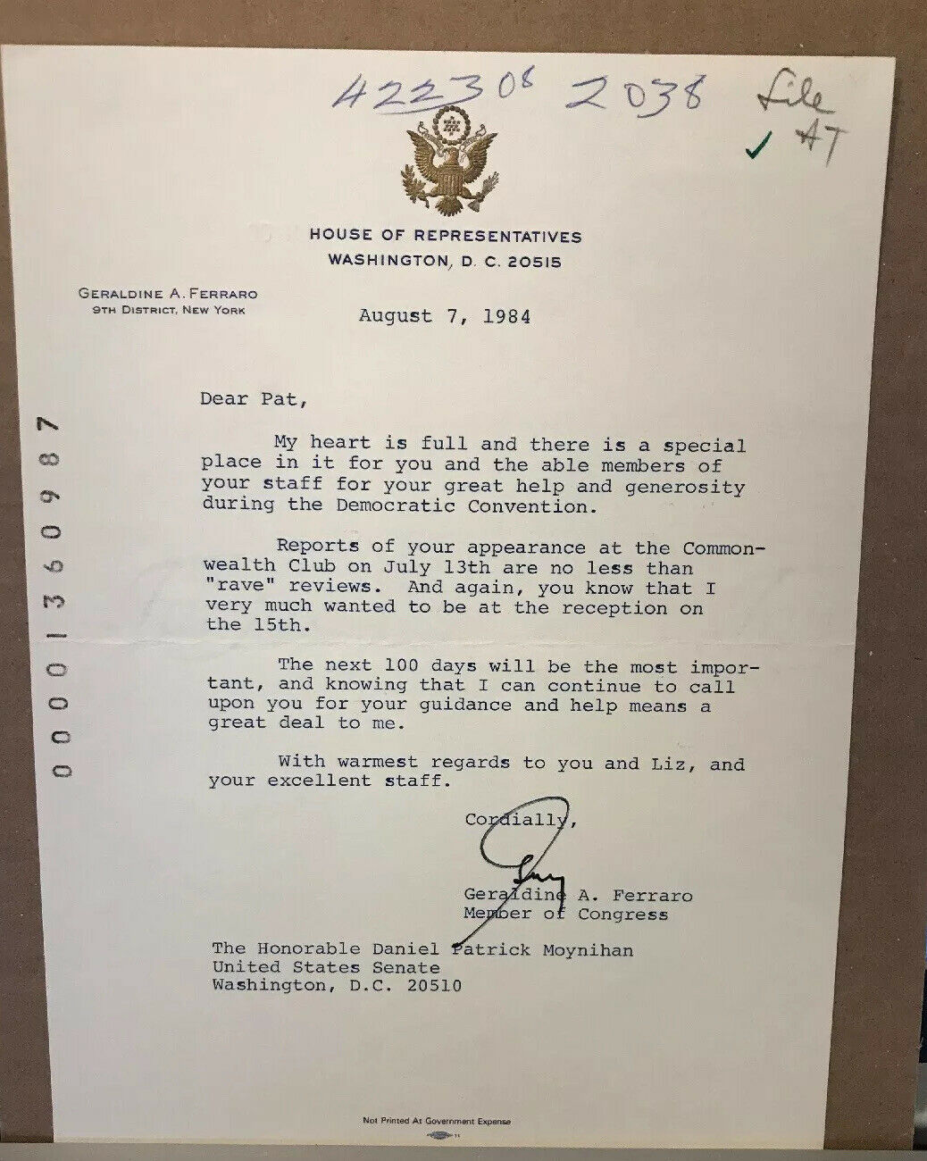 Geraldine Ferraro 1984 Typed Letter Signed - To Ny Senator Daniel P. Moynihan