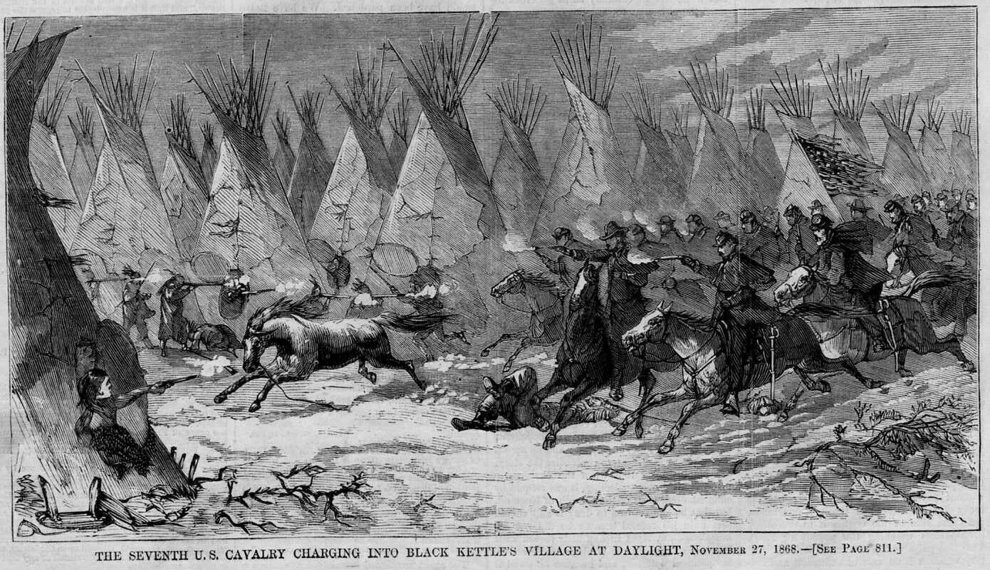 Seventh Cavalry Charging In Black Kettle Village Indians Teepee Horses Battle