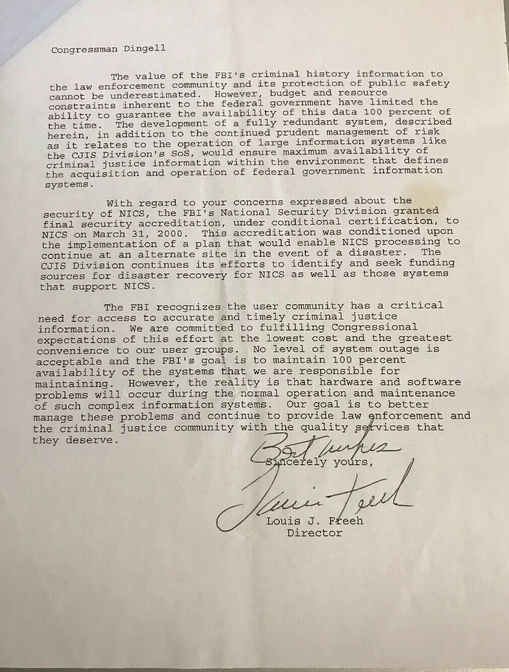 Louis Freeh Typed Letter Signed As Director Of The Fbi - To John Dingell
