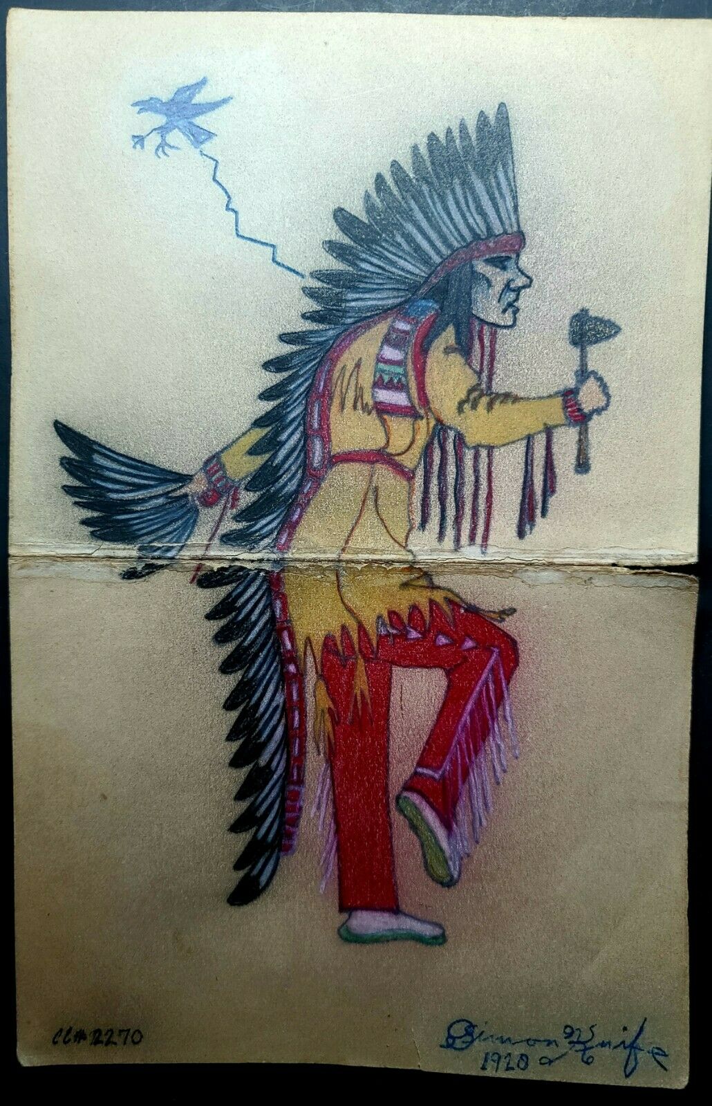 Original Indian School Ledger Drawing. Simon Knife 1920.
