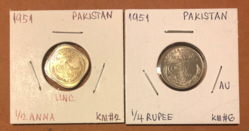 1951 Pakistan 1/4 Rupee,1/2 Anna Set Of 2 Uncirculated Coins~km#6,km#2