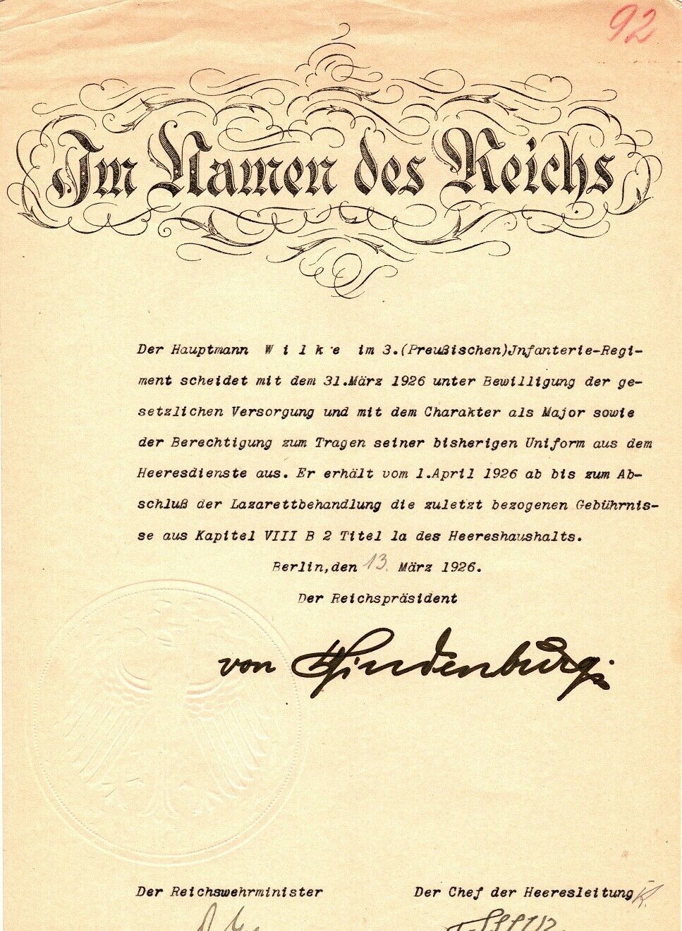 1926, Paul Von Hindenburg, Gessler,von Seekt, Signed Officers Promotion Document
