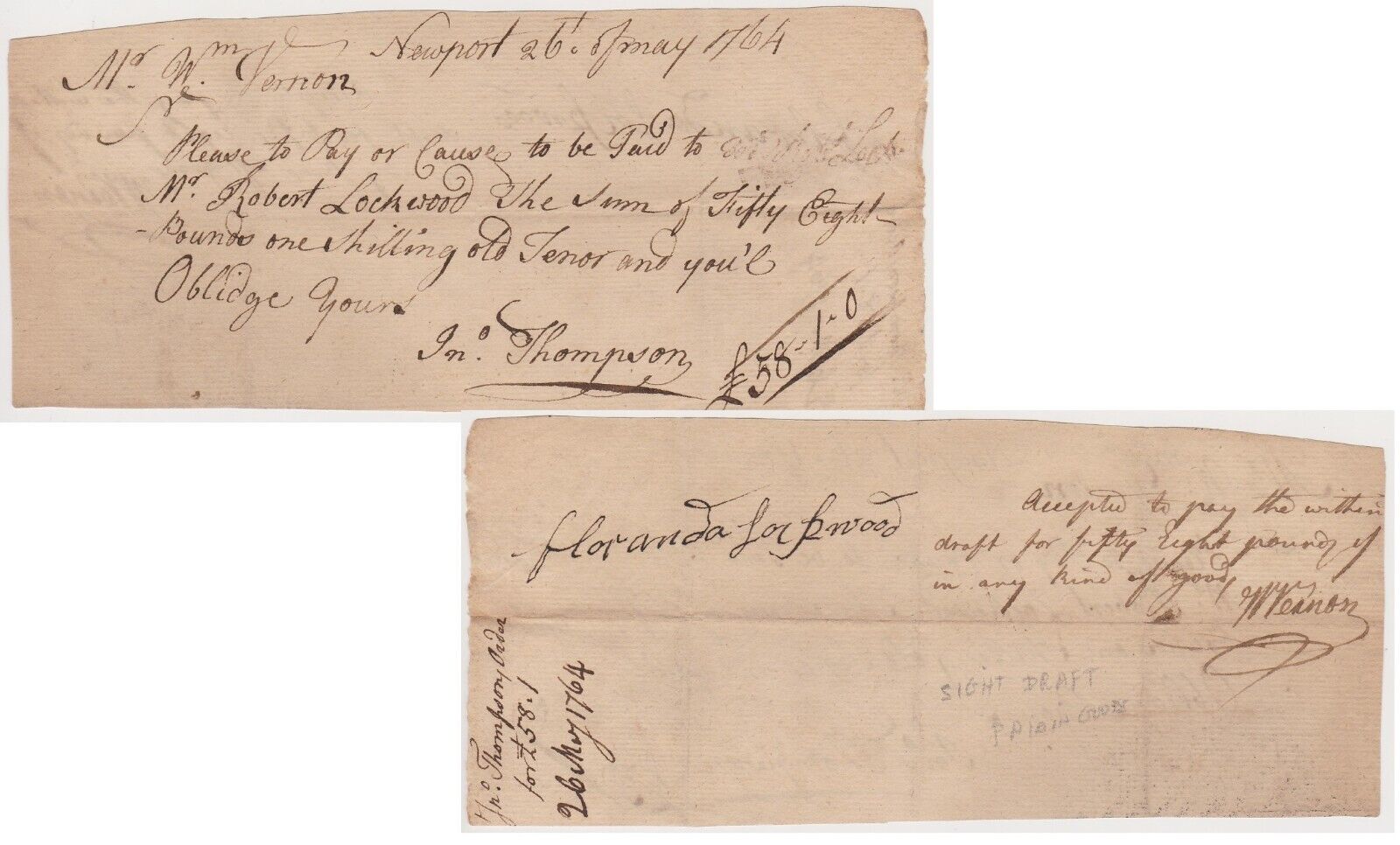 1764 Newport Ri Document Signed By William Vernon - Slave Trader - Rev War