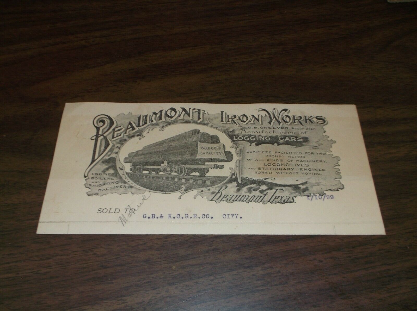 January 1899 Gulf Beaumont & Kansas City Railroad Atsf Bill Beaumont Iron Works