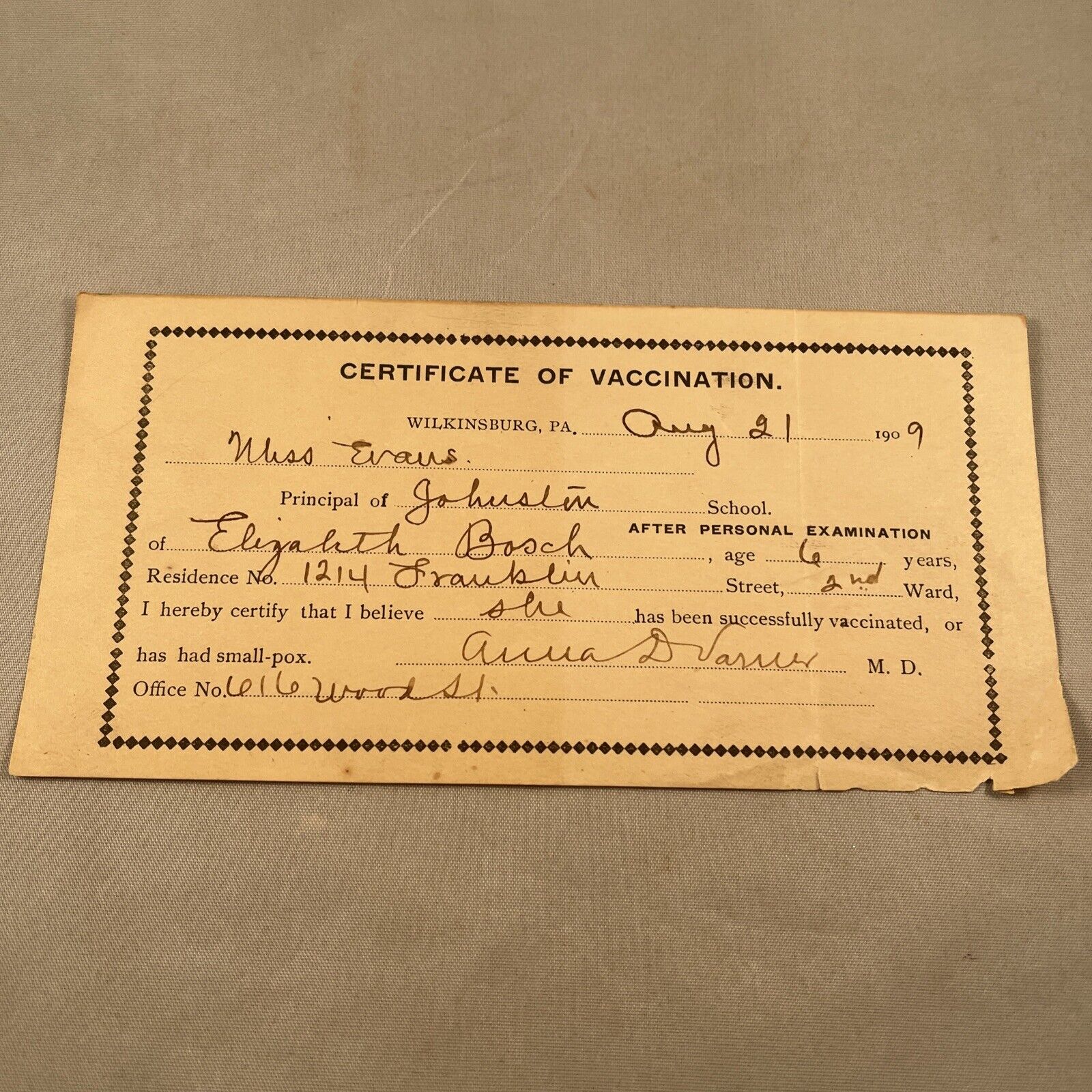 1909 Wilkinsburg Pa Certificate Of Smallpox Vaccination Pittsburgh