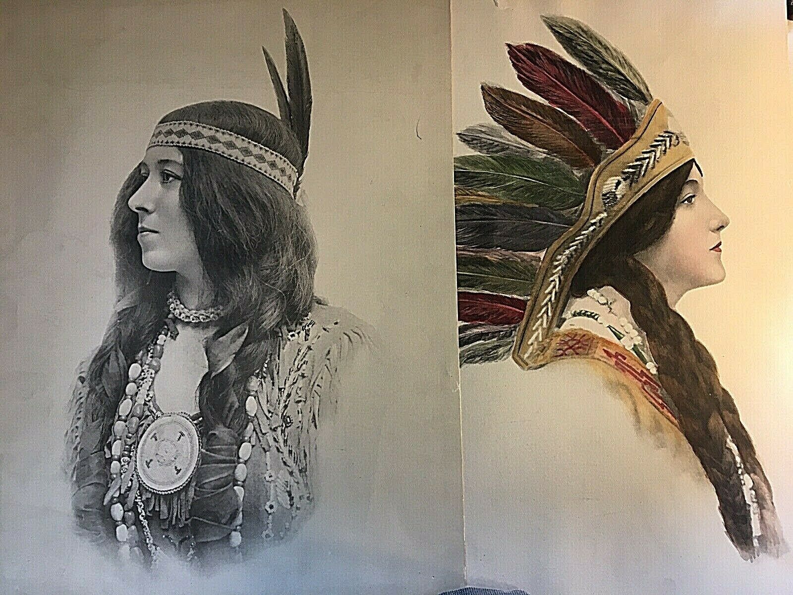 2 Native American Women Portrait 1912 Headdress Indigenous Feather Pretty Lady
