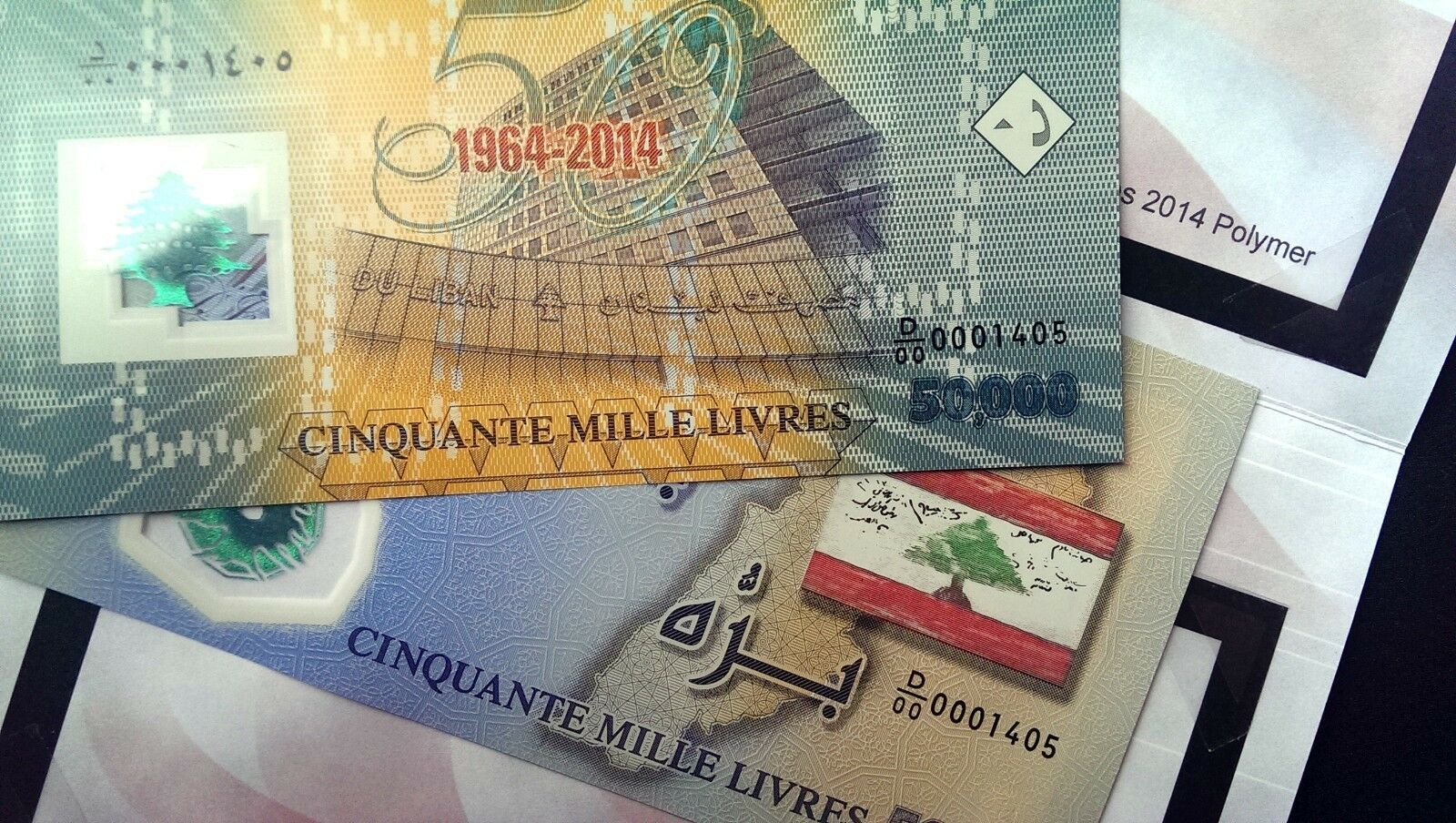Same Serial * Two Bills In One Commemorative Folder Lebanon 50000 Ll 2014 & 2013