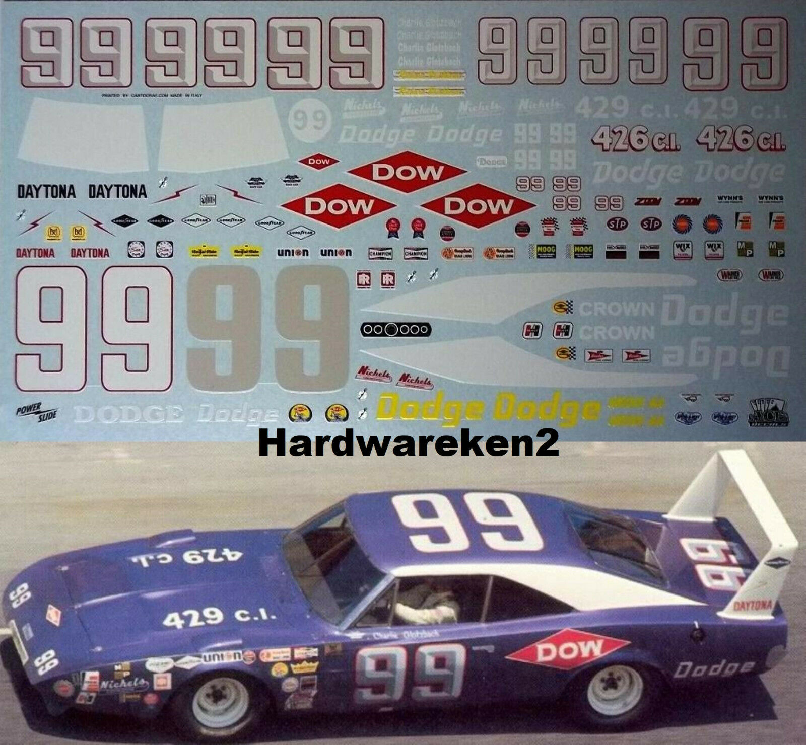 Nascar Decal #99 Dow 1969-70 Dodge Charger Charlie Glotzbach - Brickhouse