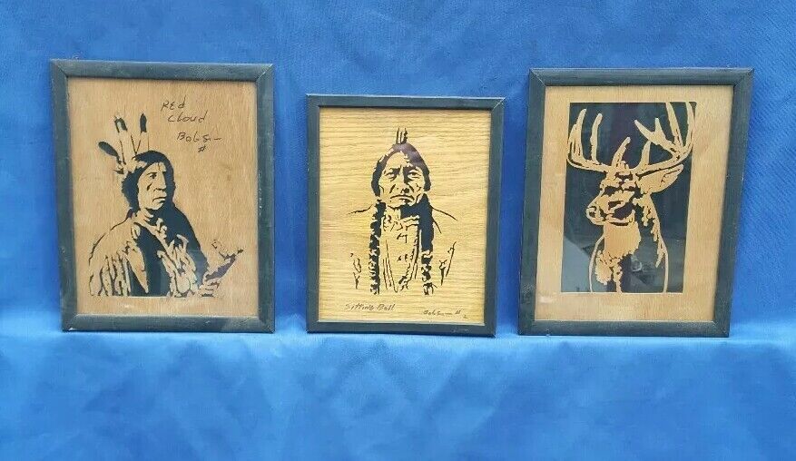 Vtg Native American Sitting Bull, Red Cloud, & Mule Deer Wood Scroll Wall Decor