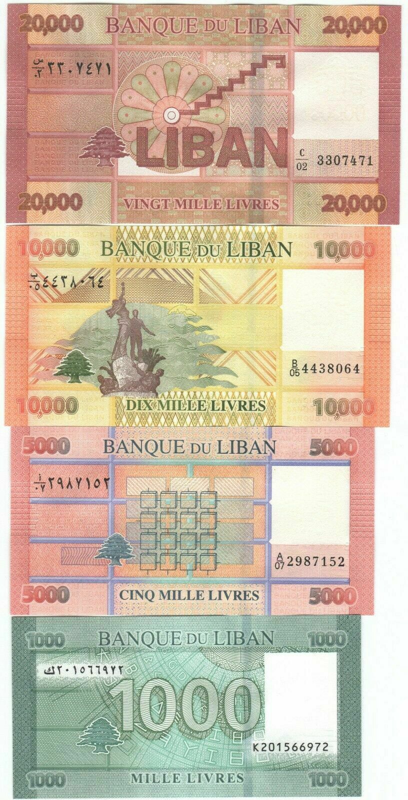 Lebanon Set Of 1000 To 20000 Livres Unc