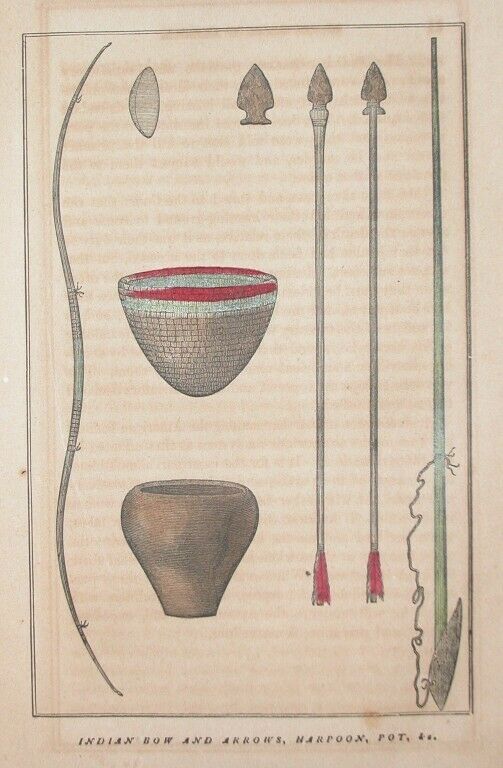 1857n.  America Indian Engraving Bow Arrows Harpoon Pot Baskets Artifact History