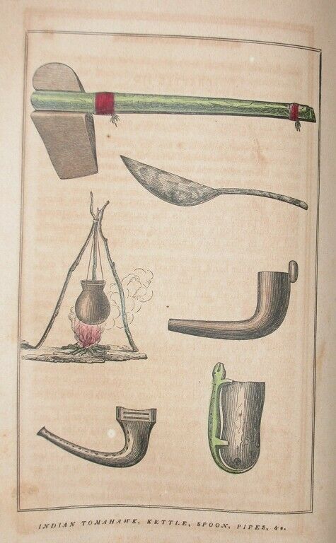 1857 North America Indian Engraving Tomakawk Kettle Pipes Spoon Artifact History
