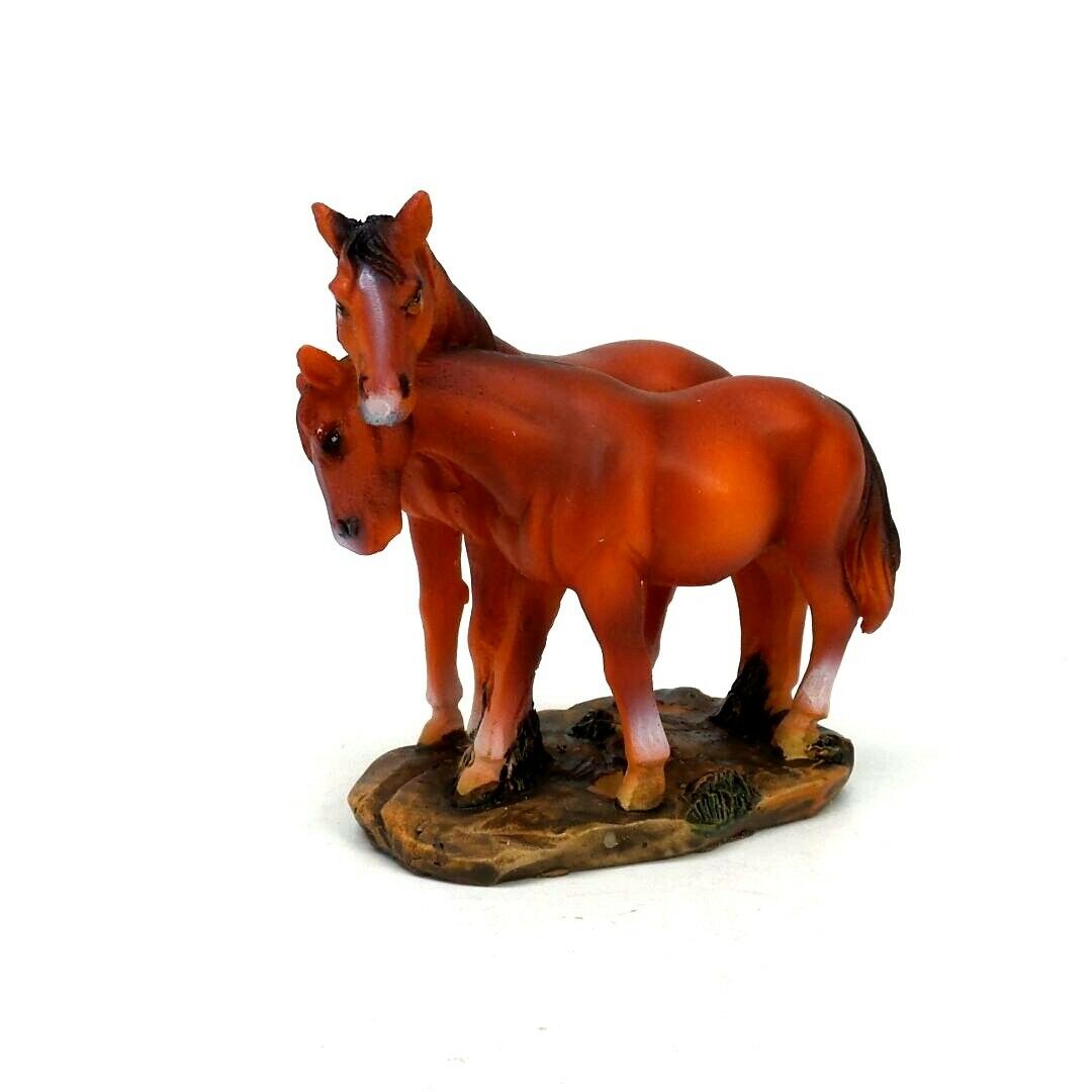 Two Chestnut Horses Figurine Nuzzling Small Red Brown Horse Statue 3" Tall