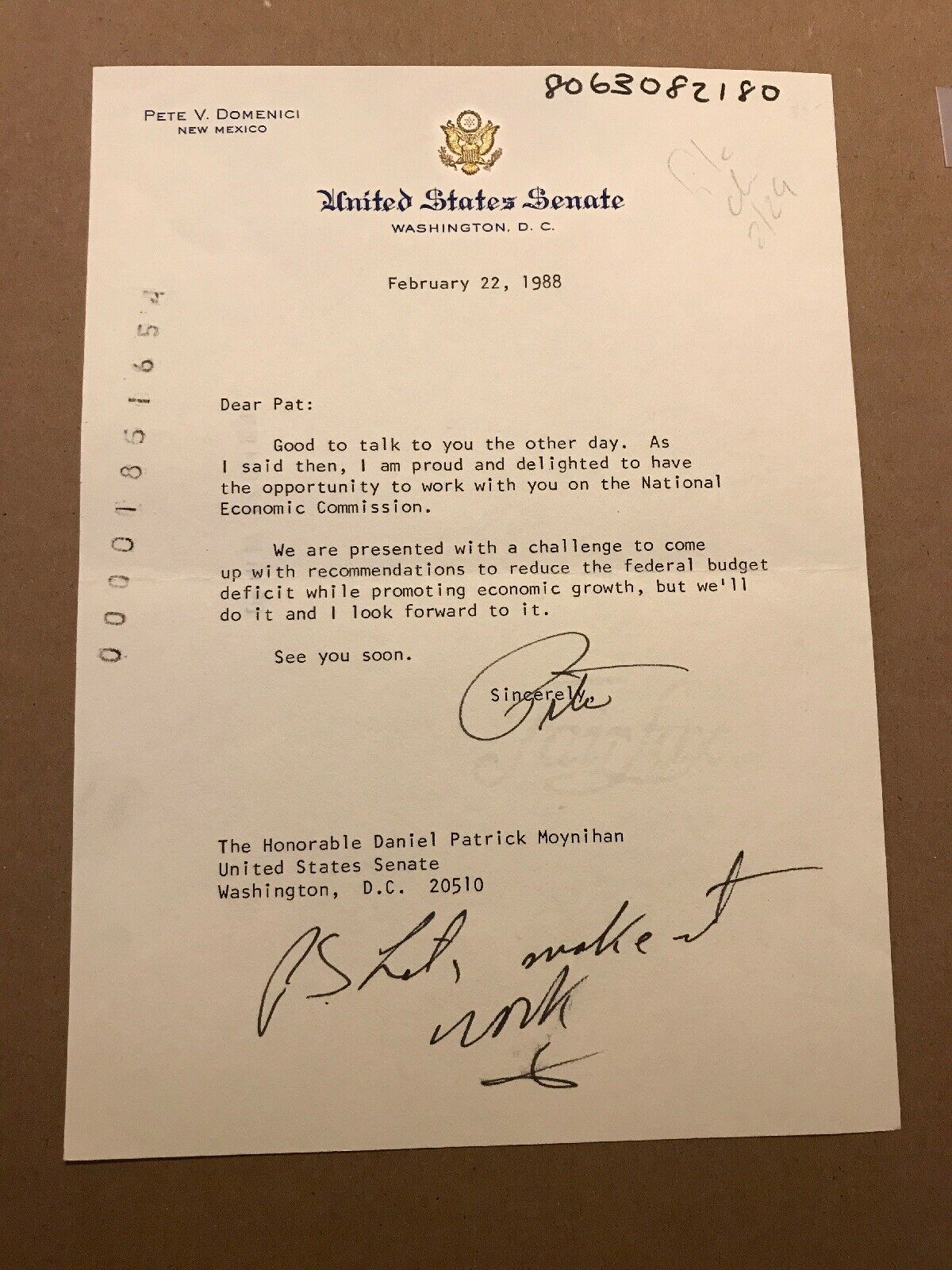 Senator Pete Domenici Typed Letter Signed - To Ny Senator Daniel P. Moynihan