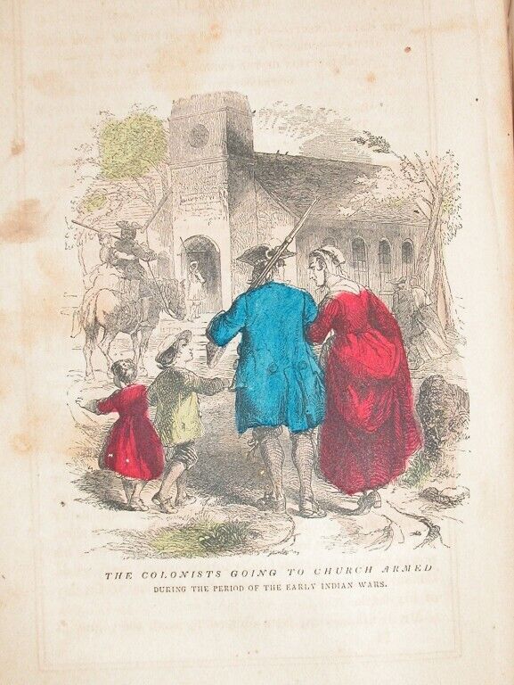 1857 Engraving New England Colonits Go To Church Armed