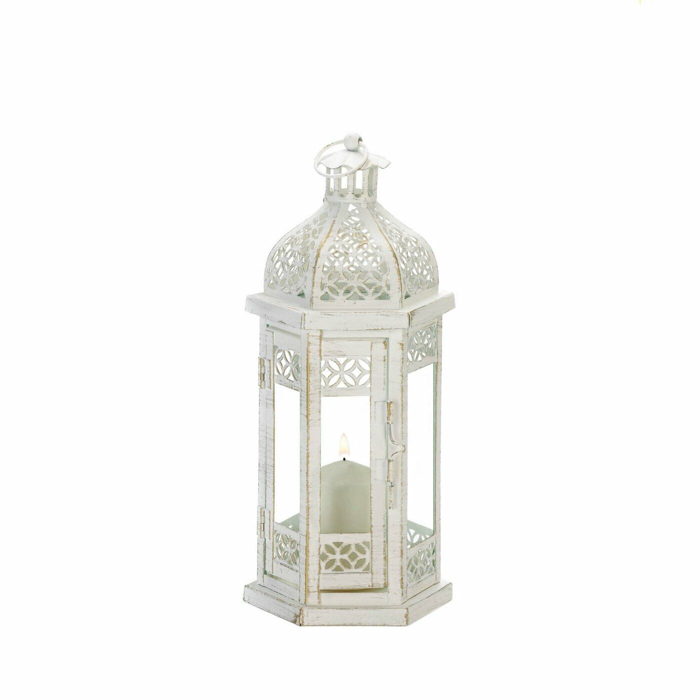 White Moroccan Cathedral Lace 12" Shabby Whitewashed Candle Holder Lantern Med