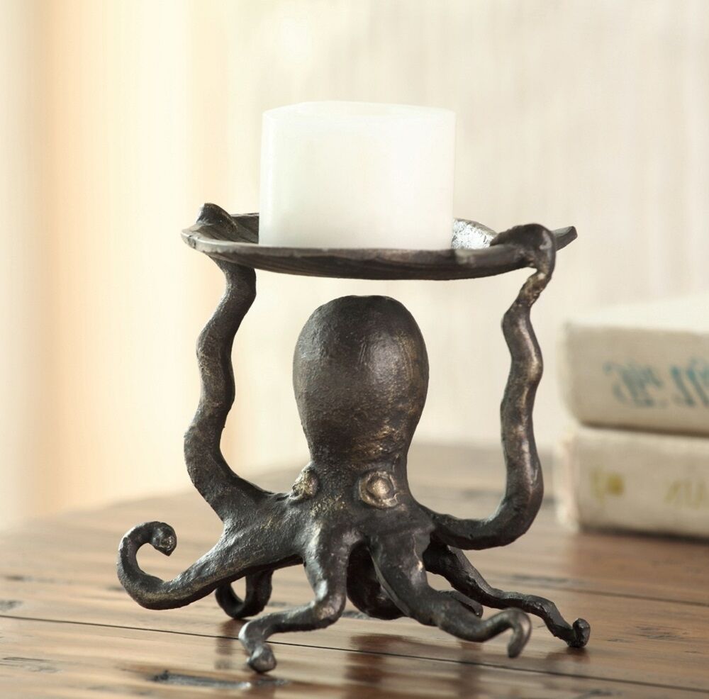 Octopus Pillar Candle Holder Clamshell Soap Candy Dish Coastal Ocean Beach 50948